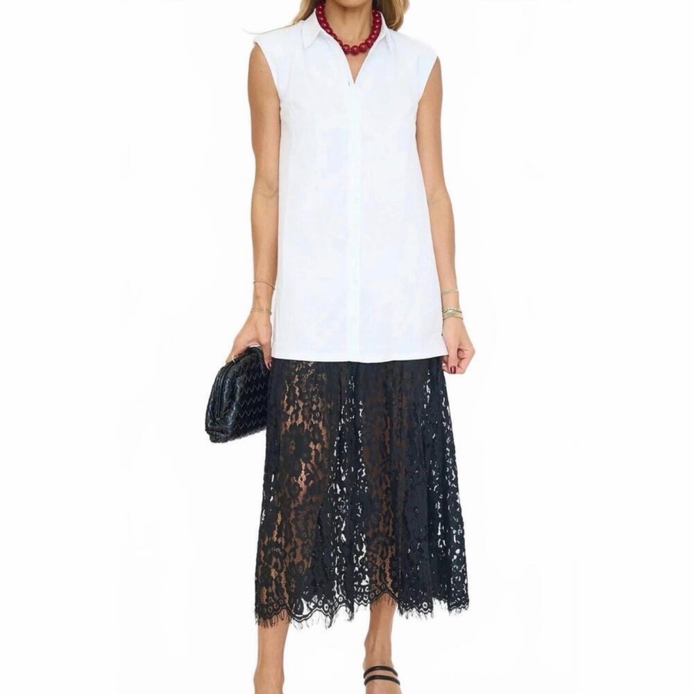 NEW AUREUM Lace Trim Shirt Dress White Black Button Down Medium